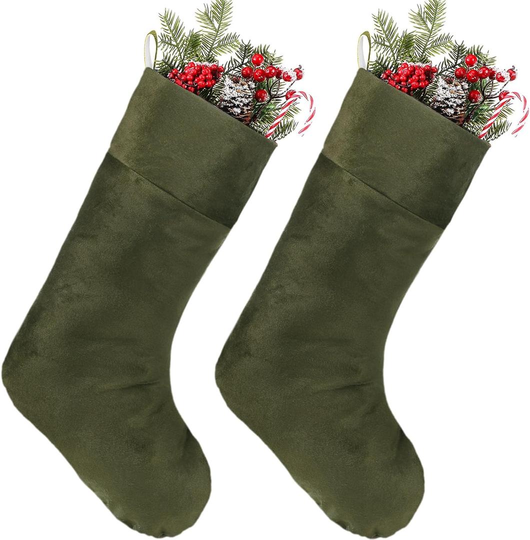 Christmas Velvet Stocking 10 x 19 Inch Christmas Hanging Stockings Xmas Sock Spooky for Fireplace Christmas Tree Ornament Holiday Season Party Decorations (Green, 2)