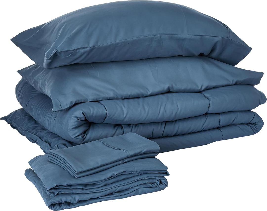 Sweet Home Collection 7 Piece Comforter Set Bag Solid Color All Season Soft Down Alternative Blanket & Luxurious Microfiber Bed Sheets, Denim, Full