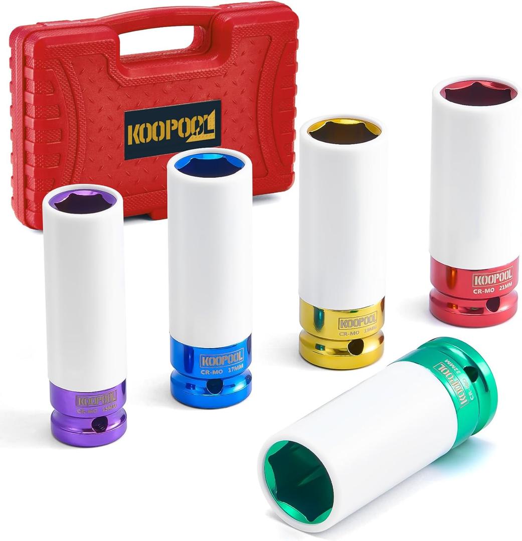 1/2" Drive 5pc Impact Lug Nut Socket Set, Metric 15-17-19-21-22 mm, Thin Wall with Colored Covers, Wheel Lug Nuts Socket with Protective Sleeve and Insert Prevent Damage to Rims (Red