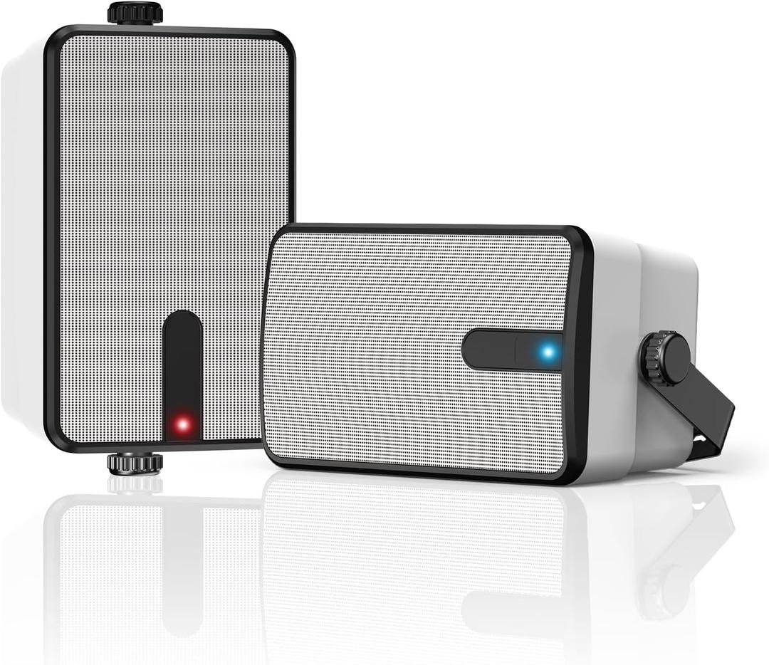 250W Outdoor Bluetooth Speakers, Wireless Sync Between Speakers, IPX5 Waterproof, Powerful Bass, Wall Mount for Patio, Porch, Gazebo, Garage, 2-Pack, White(MZ-632)