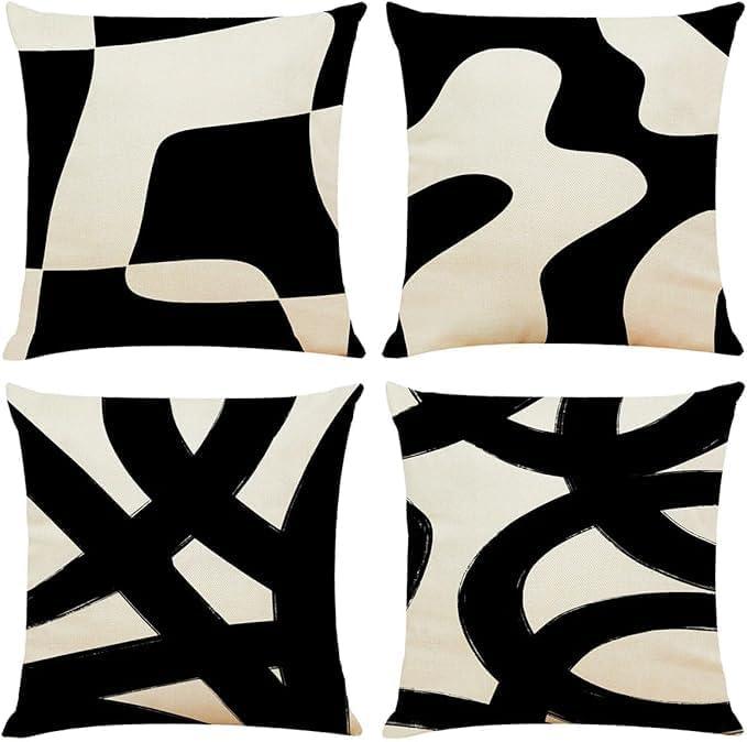 Black and Beige Throw Pillow Covers 1818 Inch Set of 4 Boho Modern Abstract Decorative Couch Pillow Covers for Couch Living Room Home (18x18 Inch)