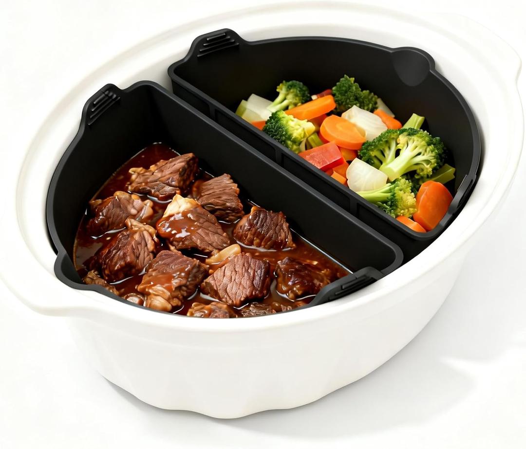 Silicone Slow Cooker Divider Insert for 6-8 Quart Oval Crock Pot, Reusable Heat Resistant Liners, Cook Two Meals at Once without Mixing Flavors, BPA-Free, Dishwasher Safe (Grey, 2-Pack)