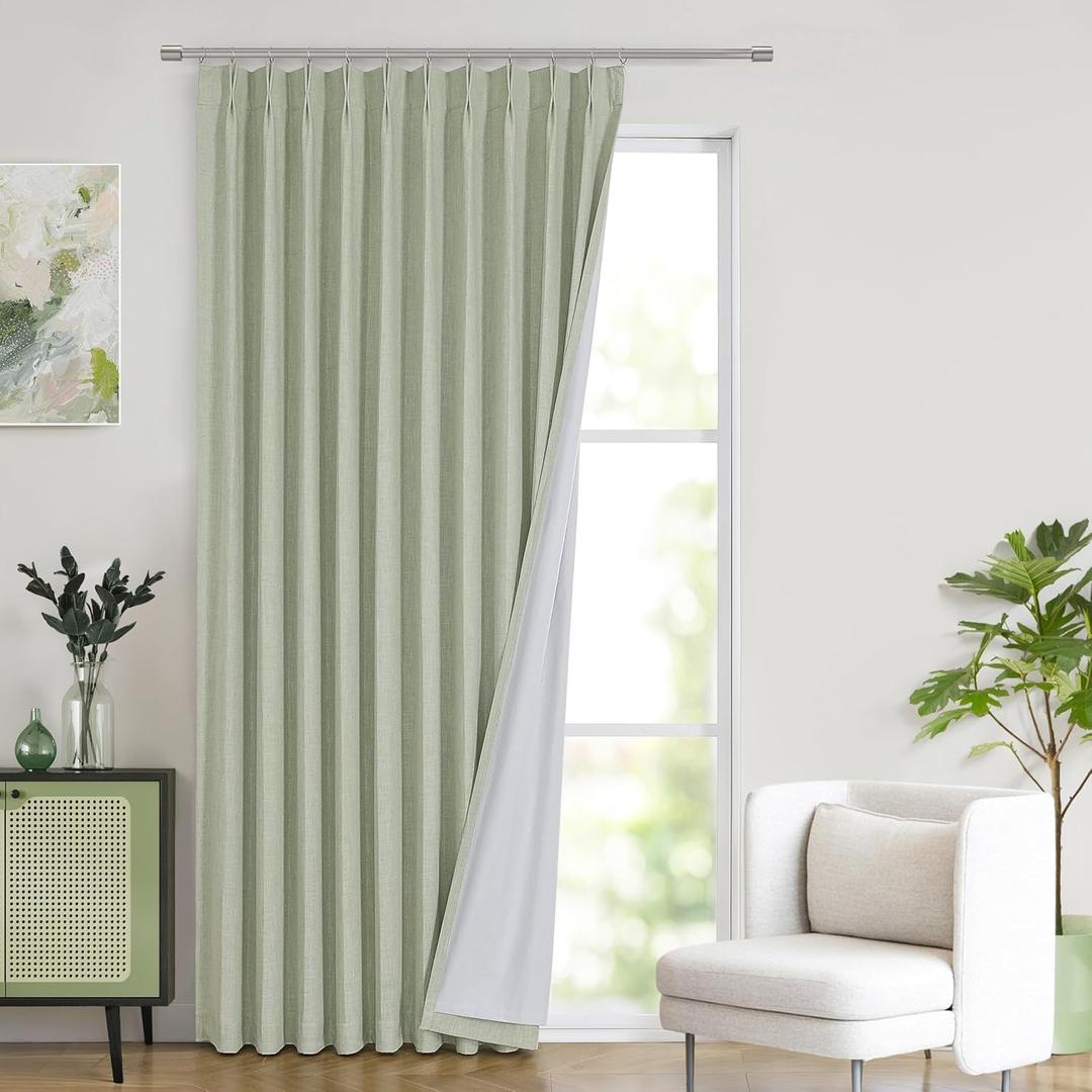 WEST LAKE Soft Green Pinch Pleated Full Blackout Bedroom Curtain Panels 95 Inches Long,Linen Blended Thermal Insulated Drapes,Modern Window Treatment Home Decor,Back Tabs Hooks,60" Wx95 L(Pack of 1)
