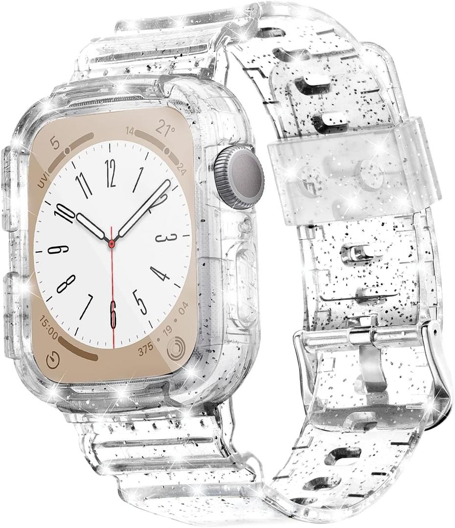 Blingbrione Clear Band Compatible Apple Watch Women 42mm Men,Transparent Jelly Soprt Strap with Cover Case Protector for iWatch Series 11 10 9 8 7 6 5 4 3 2 1 SE Clear Glitter