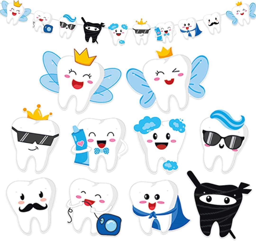 Tooth Party Garland Banner  Pre-Strung Cartoon Tooth Characters Hanging Decoration for Dental Clinic, Tooth Fairy Birthday, Kids Dentist Party, Classroom, Graduation, and Oral Health Week Supplies
