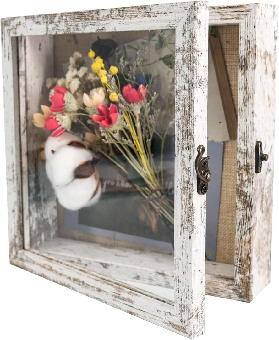 GraduationMall 8x8 Wood Shadow Box Frame Glass Door Display Case with Linen Back and 6 Stick Pins,1.5 inches Interior Depth,Ideal for Memorabilia Pictures Flowers Medals Tickets Rustic White
