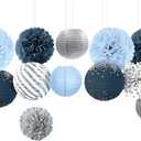 NICROLANDEE Dusty Blue Wedding Decorations, 12 PCS Blue Grey Tissue Pom Poms Paper Lanterns Decor for Birthday, Bridal Shower, Baby Shower, Bachelorette Party Hanging Decoration Supplies