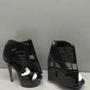 FancyQueen Platform Knee High Heels for Women, Gladiator Open Toe Summer Boots Black Heels Sandal, Sexy Style Casual for Party (Black) 8, Black Patent