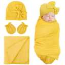 DRESHOW BQUBO Newborn Receiving Blanket Bow Hat Gloves Set Cotton Warm Baby Swaddle Blanket Wrap Baby Sleep Sack Shower Gift