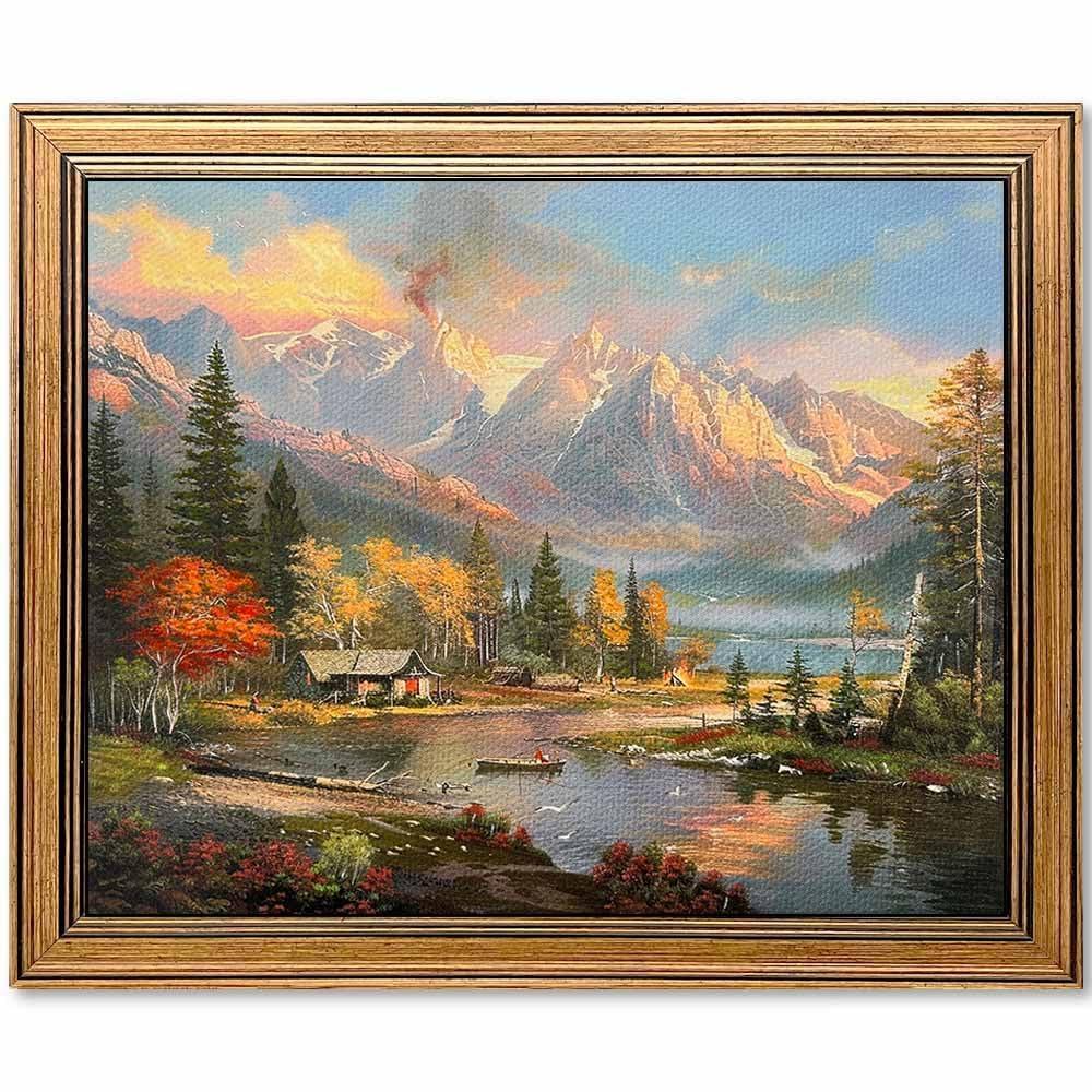 Gold Framed Vintage Wall Art Nature Mountain Landscape Painting Canvas Print Bedroom Kitchen Living Room Farmhouse Wall Decor (Cabin, 16" L x 12" W)