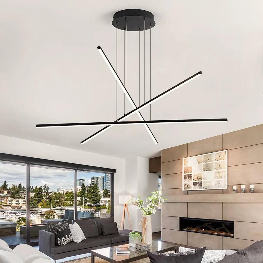 Modern LED Chandelier Black Linear 3-Light Chandeliers Contemporary Led Pendant Light Fixture Dimmable for Dining Room Foyer Office Color Changeable