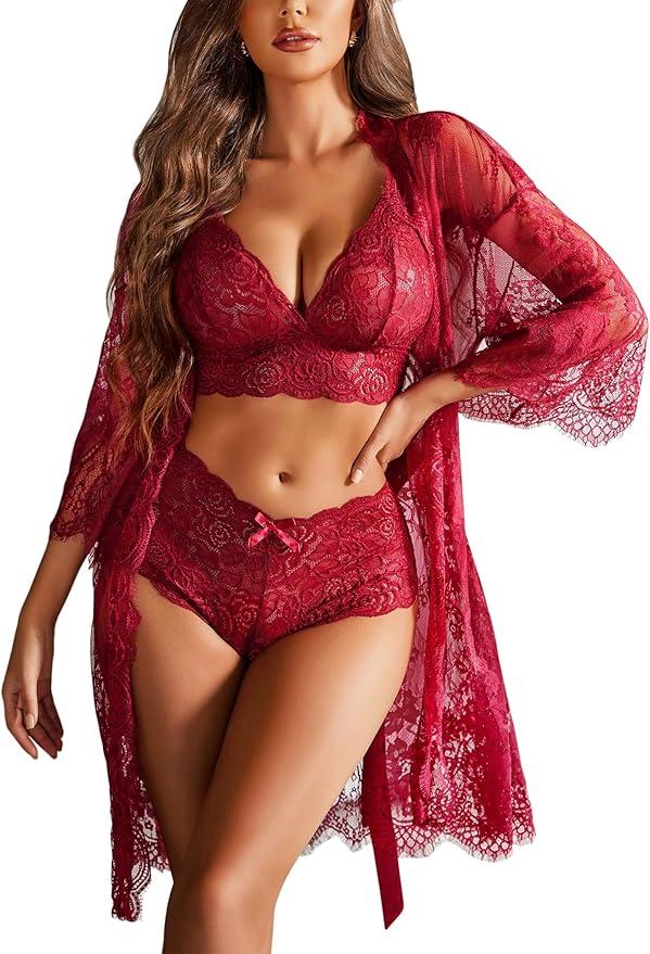 Avidlove Women's Lingerie Set Lace Kimono Robe Sexy Bra and Panty Set pajama sets Wine Red M
