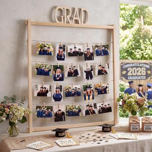 Cinnvoice Graduation Wooden Photo Display Board 30.4 x 26.5 Inch Grad Pictures Display Frame with 24 Clips Large Pictures Board for Graduation Party Hanging Photos Postcards Greeting Cards