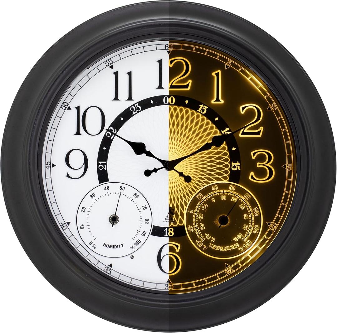 Sept.Filles 18-Inch Outdoor Wall Clock with Thermometer Hygrometer, LED Auto Light Sensor, Outdoor Clock Waterproof Large Display for Garden Patio Home Decor