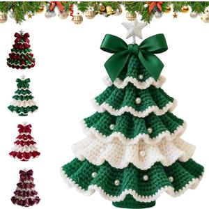 DIY Crochet Christmas Tree Kit - Handmade Holiday Crochet Christmas Decoration Set, Christmas Tree Bow Pearl Embellishment, Beginner Craft Crochet Kit (D)