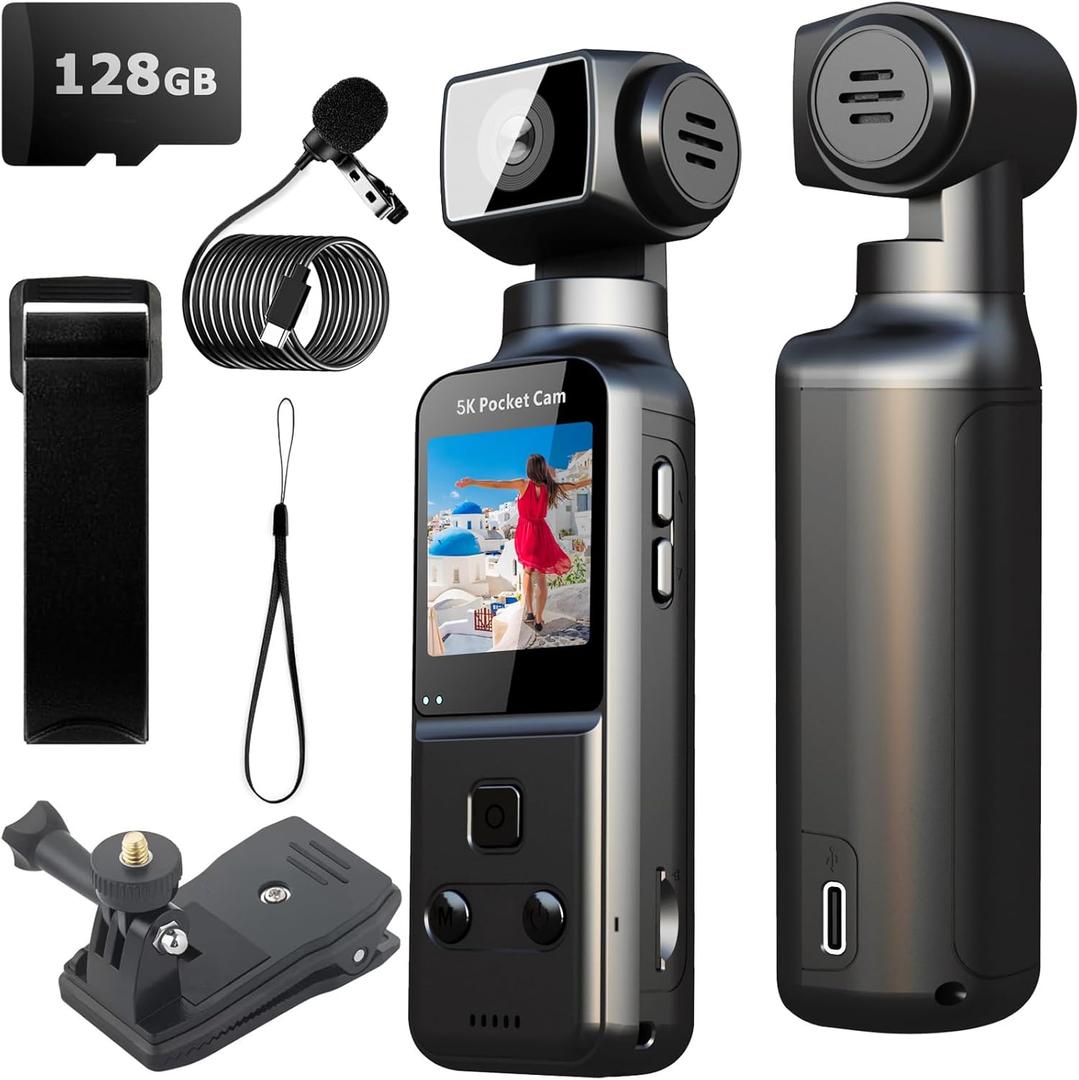 Body Camera 5K with External Microphone, Video & Audio Mini Vlog Camera with 270 Rotated Lens, Pocket Cam for Sport, Outdoor, Riding, Travel, 128GB Included