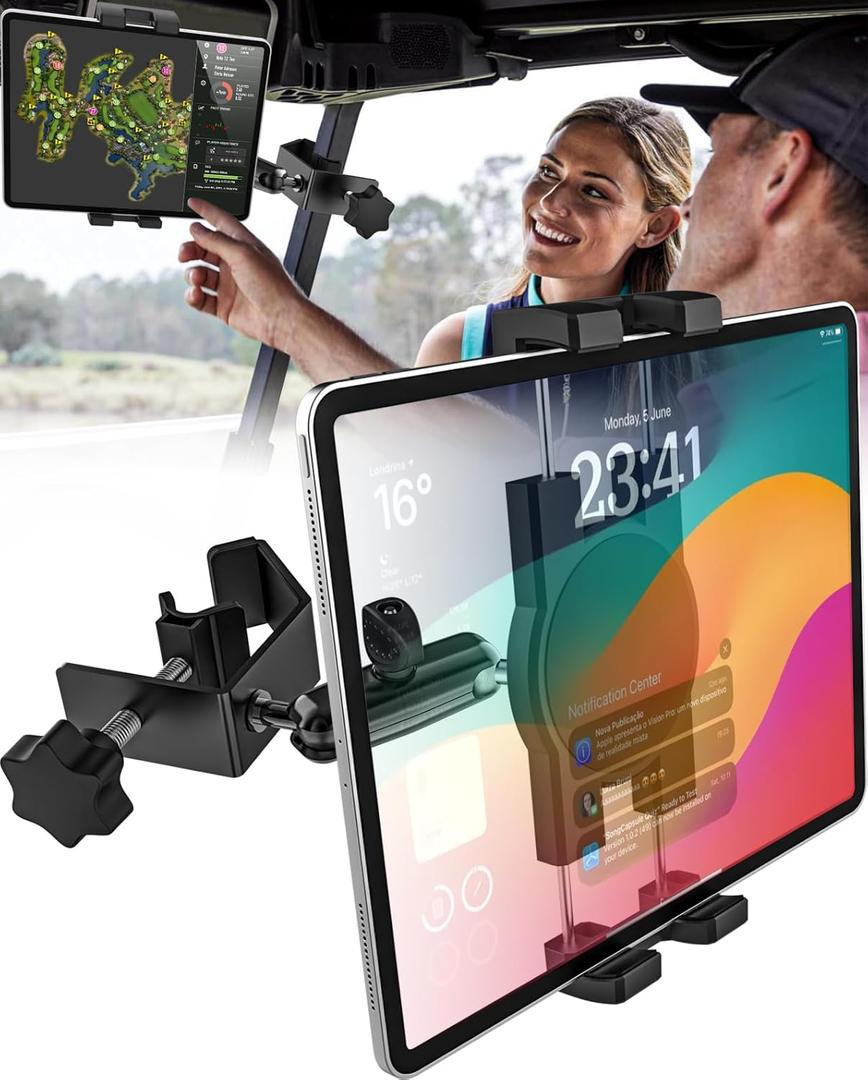 GDZN Golf Cart Tablet Holder, 360 Rotatable Metal Square Pole Clamp for EZGO/Club Car/Yamaha/Icon, Heavy Duty Anti-Shake Mount Fits iPad Pro Air Mini, Galaxy Tab, Z Fold, Fire HD 4-13'' Devices