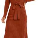 ANRABESS Womens Long Sleeve Fall Dress 2025 V Neck A-line Tie Waist Ribbed Knit Bodycon Midi Sweater Dresses Rust Small
