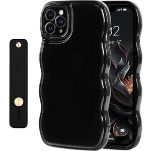 NITITOP Compatible with iPhone 11 Pro Max Case Cute Simple Wave Design Stylish Wavy Curly Frame with Wrist Adjustable Hand Strap Kickstand Grip Holder Soft Silicone Protective Cover - Black