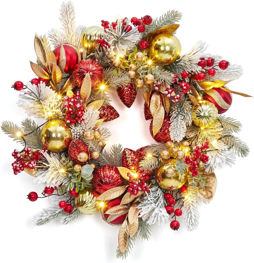 Adeeing Christmas Wreath with Lights, 24 in Outdoor Christmas Wreaths for Front Door, Battery Operated Xmas Wreath with 20 LED Lights, Red Gold Ornaments, Snow Flocked Branch