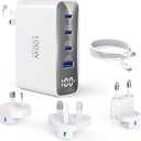 Topadre 100W USB C Travel Charger, 4-Ports Foldable Travel Adapter Plug Converter with UK/EU/AU Plugs,Fast Charging for Macbook Pro/Air,for iPad Pro/iPhone 16/15 Pro Max, for 45w Samsung Galaxy, White