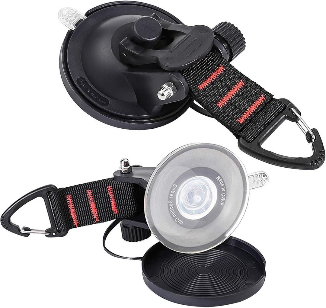 CONBOLA Suction Cups Hooks Heavy Duty Camper Accessories Car Camping Essentials Tie Down 2 Pieces Suction Cup with Securing Hook Strong Power for Car Awning Boat SUV Tent Window Glass.(2 pcs) (Classic red line)