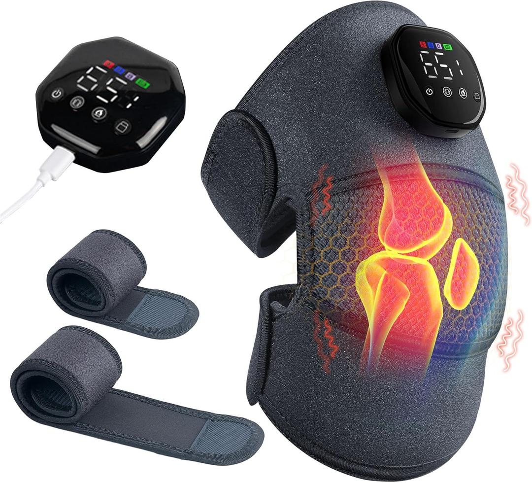 Cordless Knee Massager for Pain Relief, Knee Heating Pad with 5 Vibration Modes & 5 Heat Levels, Heated Knee Brace for Knee Pain, 3-in-1 Massager for Knee, Shoulder, Elbow, with 2 Extension Straps