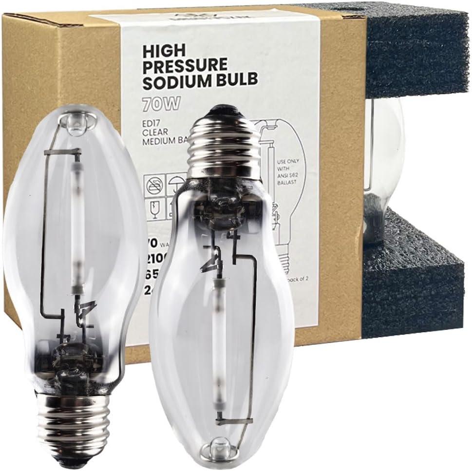LU70/MED High Pressure Sodium Light Bulb, 70 Watts, ED17/MED, Medium Base (E26), ANSI Code S62, 6500 Lumen, 24000 Life Hours, Clear Bulb, 2100K, 2 Pack
