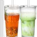 20oz Glass Cups with Lids and Straws: Iced Coffee Tumbler with Lids, Reusable Thick Drinking Ribbed to Go Glasses Matcha Cup for Juice, Smoothies, Cold Beverages with Clean Brush,2 PCS