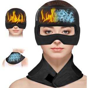 3-in-1 Migraine Relief Cap with Gel Eye Mask & Neck Ice Pack, Hot & Cold Therapy for Headaches, Sinus, Puffy Eyes, Reusable Headache Relief Gifts for Women & Men Black, Large