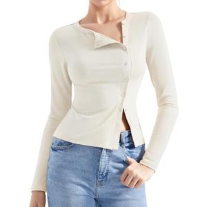 SUUKSESS Women Button Down Ribbed Tops Long Sleeve Going Out Fitted Modal Shirt (Large, Cream White)