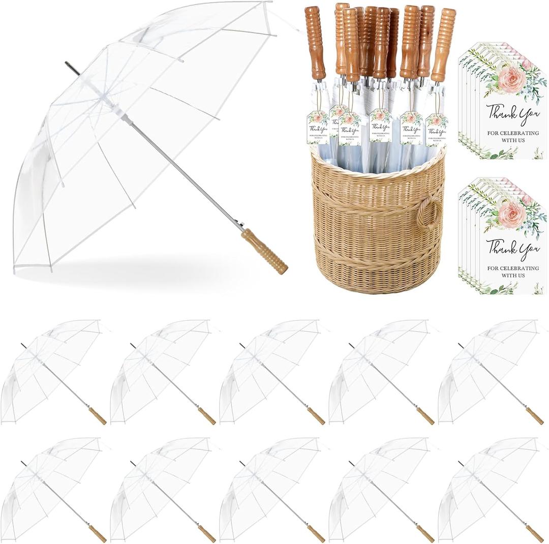 12 Pcs Wedding Umbrellas Bulk, 41 Inch Wedding Stick Umbrellas with Wooden Handle (Clear)