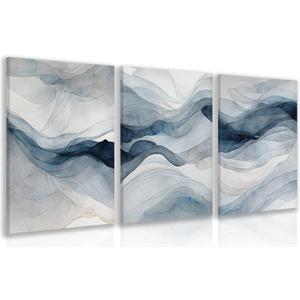 IAFWZX Framed Blue Gray Abstract Wall Art, Modern Minimalist Waves Wall Decor, Neutral Watercolor Line Canvas Paintings, Navy Blue Watercolor Poster Prints for Bedroom Living Room Office 16"x24"x3