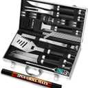 ROMANTICIST 30pcs BBQ Grill Tool Set for Men Dad, Heavy Duty Stainless Steel Grill Utensils Set, Non-Slip Grilling Accessories Kit with Thermometer, Mats in Aluminum Case for Fathers Day Black