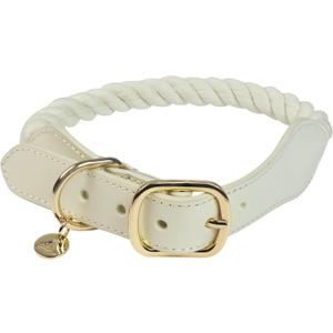 Braided Cotton Rope Dog Collar for Medium Dogs (Creamy White, 15"-18"), Adjustable Dog Rope Collar with Metal Buckle Bag