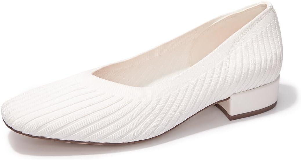 FUNKYMONEKY Women's Knit Chunky Low Heel Pumps Comfort Round Closed Toe Casual Dress Shoes (5.5, White)