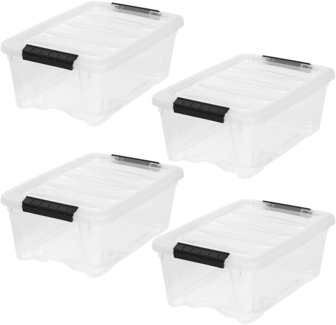 IRIS USA 4-Pack Storage Bins with Lids, 13 Quart, Made in USA Stackable See-Through Organizing Solution Latches Durable Nestable Containers Secure Pull Handle, BPA-Free Plastic (Clear)