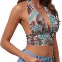Rooscier Women's Halter Tie Back Crop Top | Deep V Neck Sleeveless Backless Cami (Brown, XL)
