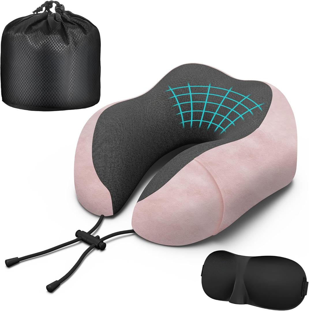 Neck Travel Pillow, Upgraded Memory Foam Pillow for Airplane, Machine Washable, Adjustable Flight Pillow, Suitable for Sleeping Airplane, Car, Office and Home (Pink)