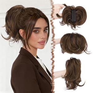FESHFEN Claw Clip Short Ponytail Extensions - DIY Bendable Metals Fluffy Messy Bun Hair Piece Straight Synthetic Hairpieces Ponytail Extension for Women, Mix Brown