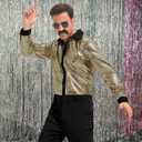 70s Disco Outfit for Men 70s Costume with Retro Shirt Bell Bottom Pants Wig Sunglasses Necklace Mustache (Black, XXXL)