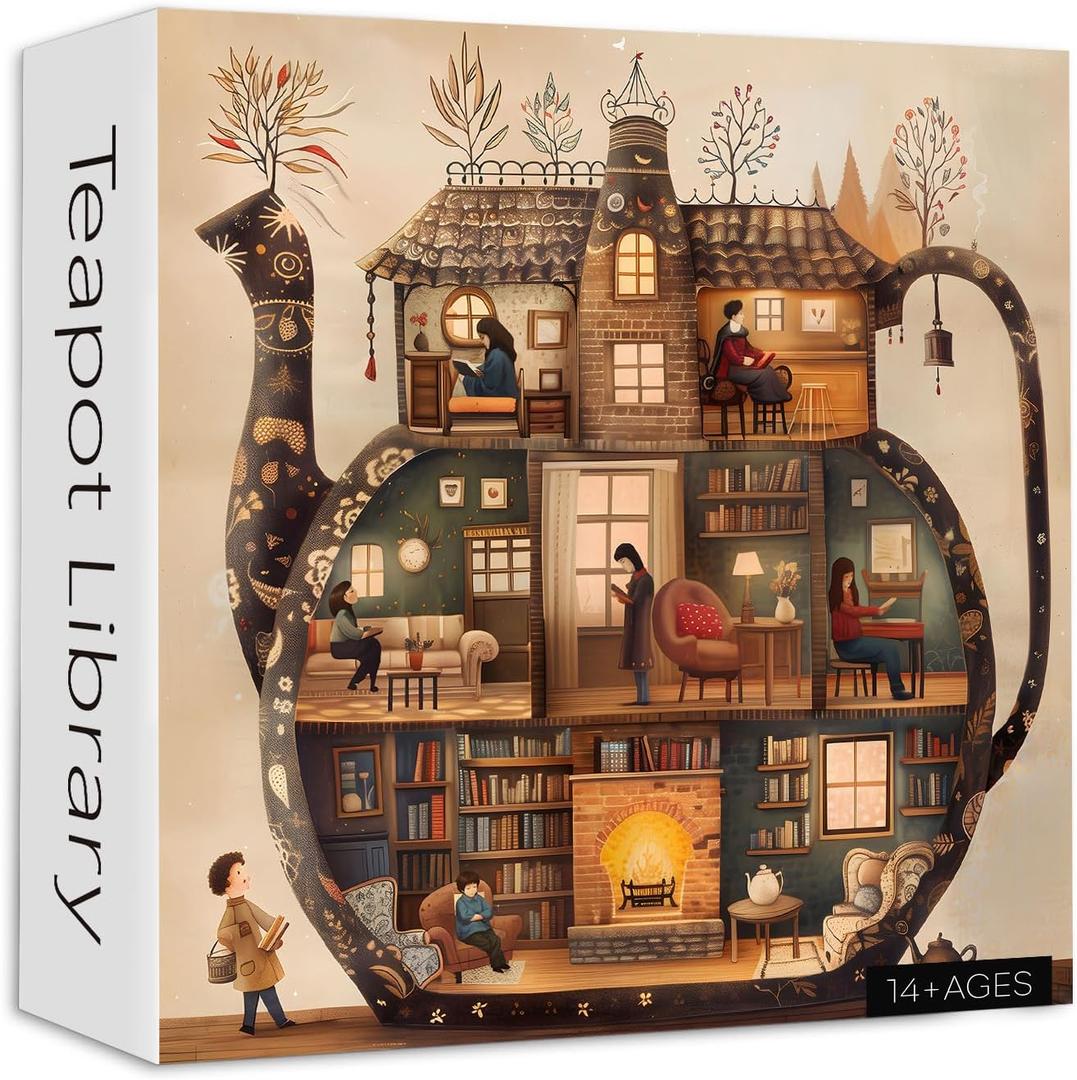 Teapot Library Puzzles for Adults 1000 Pieces, PICKFORU Vintage Bookshelf Book Puzzles Room Art, Difficult Unique Reading Room Scene Theme