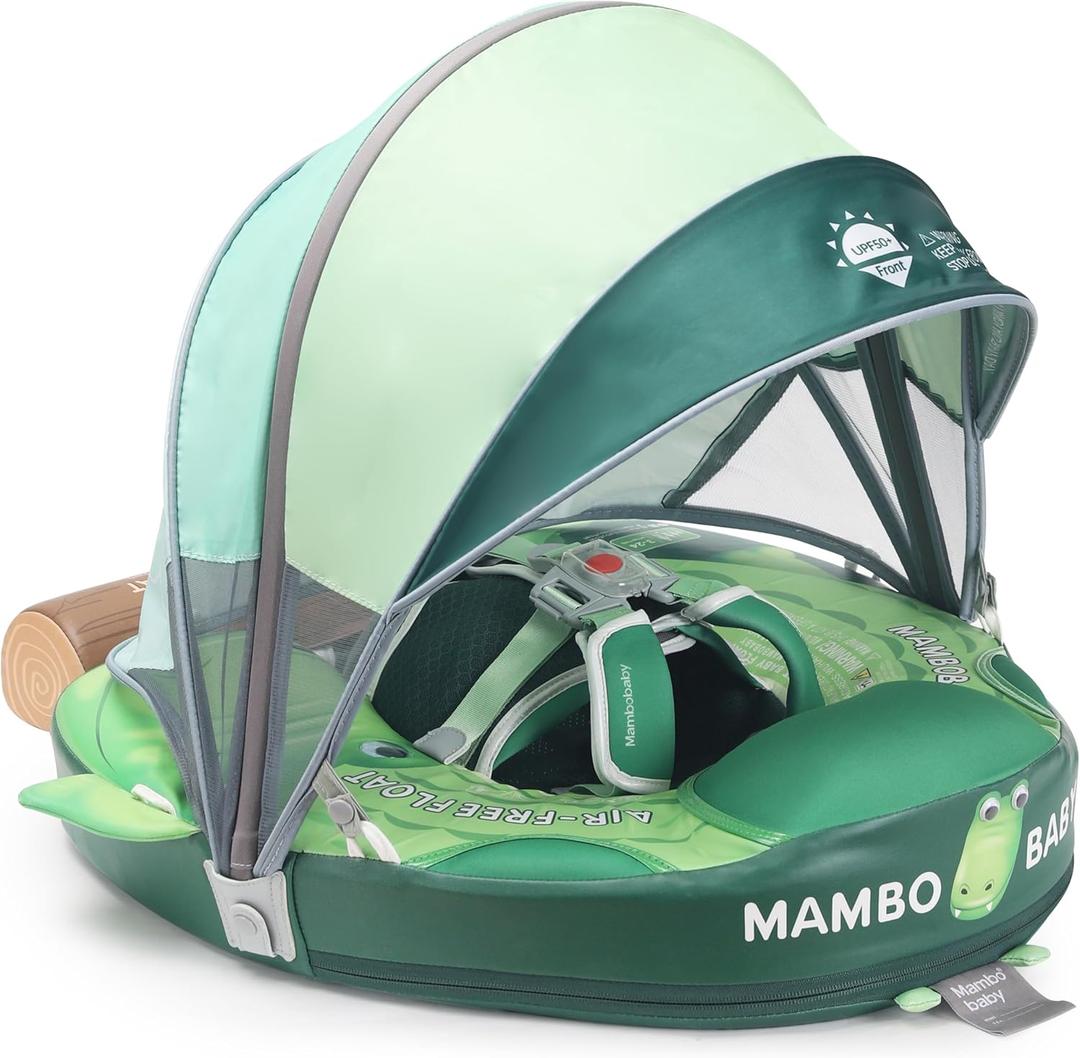 Mambobaby Float Upgrade Add Tail Baby Float with Canopy for Infant Waist Swimming Ring Swim Trainer Non-Inflatable Floats Toys with Adjustable Safety Strap (Green - Crocodiles)