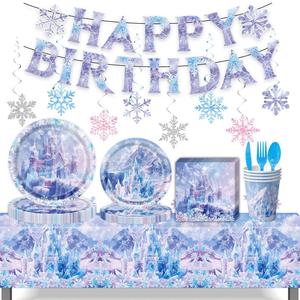 Winter Wonderland Party Tableware Set,Blue and Purple Snowflake Castle Plates,Disposable Snowflake Tableware Set,For Christmas Winter Wonderland Birthday Party Decorations