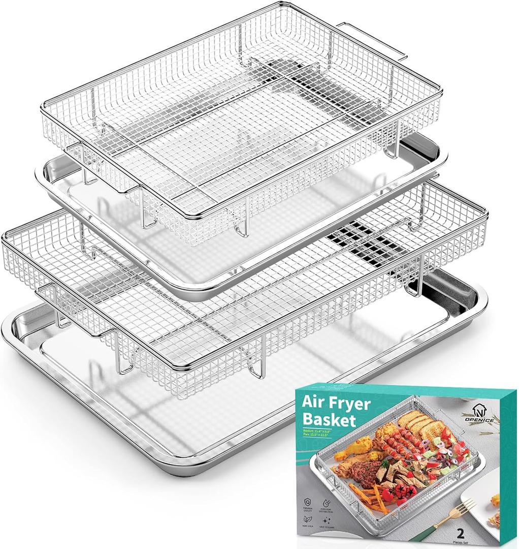 Air Fryer Basket for Oven, 25% Thicker, OPENICE 2 Set Oven Air Fryer Basket and Tray, Stainless Steel Air Fryer Pans and Crisper Tray for Convention (15.4"11.0" & 13.4"9.7")