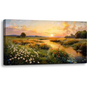 SERIMINO Large Canvas Wall Art, Sunset Landscape Canvas Prints, Marshland Scenery Paintings Wall Decor, Meadow Wildflowers Pictures Wall Decorations for Bedroom Living Room Dining Room 20"X40"