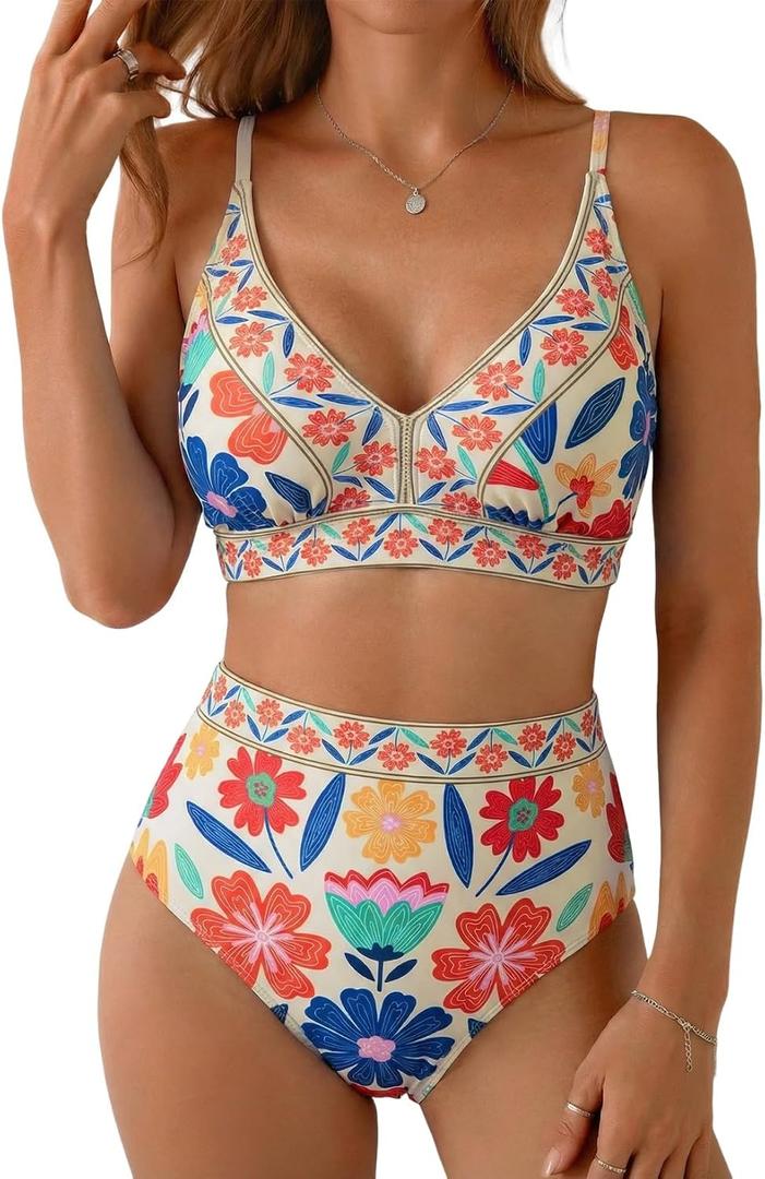 Herseas Women's Floral Print High Waisted Bikini Sets V Neck Swimsuits Bathing Suits 2026 Beach Swimwear (L)
