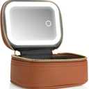 Mini Makeup Bag with Led Mirror, Small Travel Make up Bag 3 Light Modes Adjustable Brightness, for Women Organizer Cosmetic Bag, Portable Travel Train Toiletry Bag, for Pool Parties Work Touch-Ups (Brown)