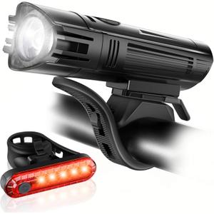 Ascher Ultra Bright USB Rechargeable Bike Light Set, Powerful Bicycle Front Headlight and Back Taillight, 4 Light Modes, Easy to Install for Men Women Kids Road Mountain Cycling, Black