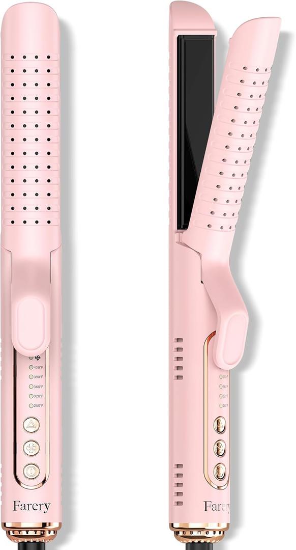 Chill Set Soft-Air Curling Iron with Cooling Air Vents, 2-in-1 Hair Straightener and Curler, Upgraded Long Barrel for Quick Styling, Pink